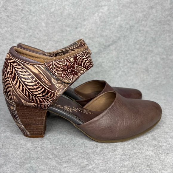 L'artiste Spring Step Toolie Shoes Grey Brown Tooled Leather Mary Jane EU40 US 9 - Picture 1 of 13